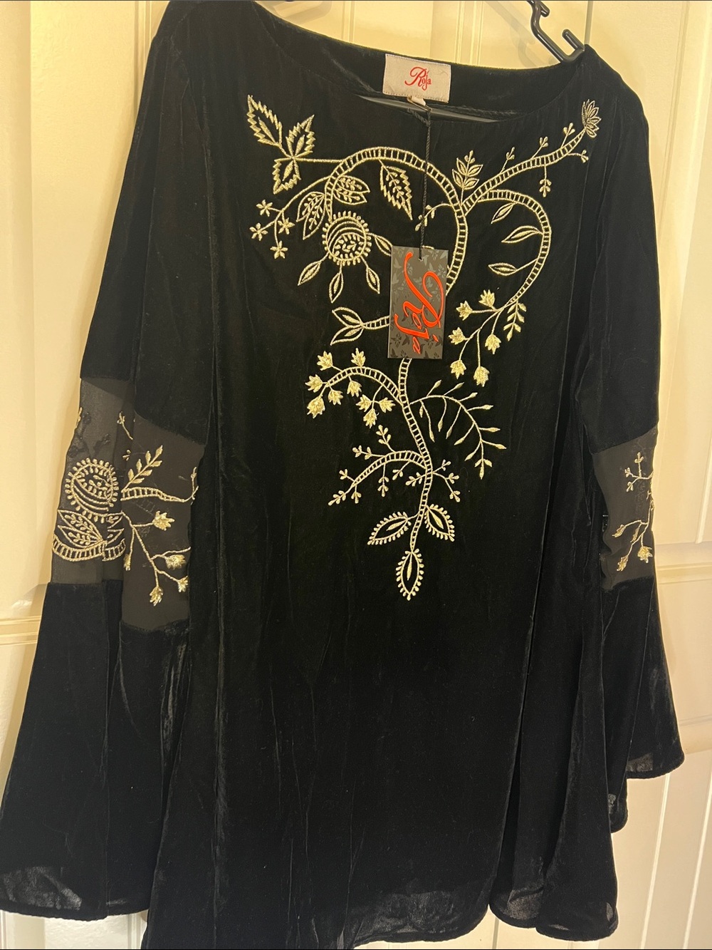 NWT! XL Roja Embroidered Black Velvet Tunic with Gold Floral Detail BEAUTY!